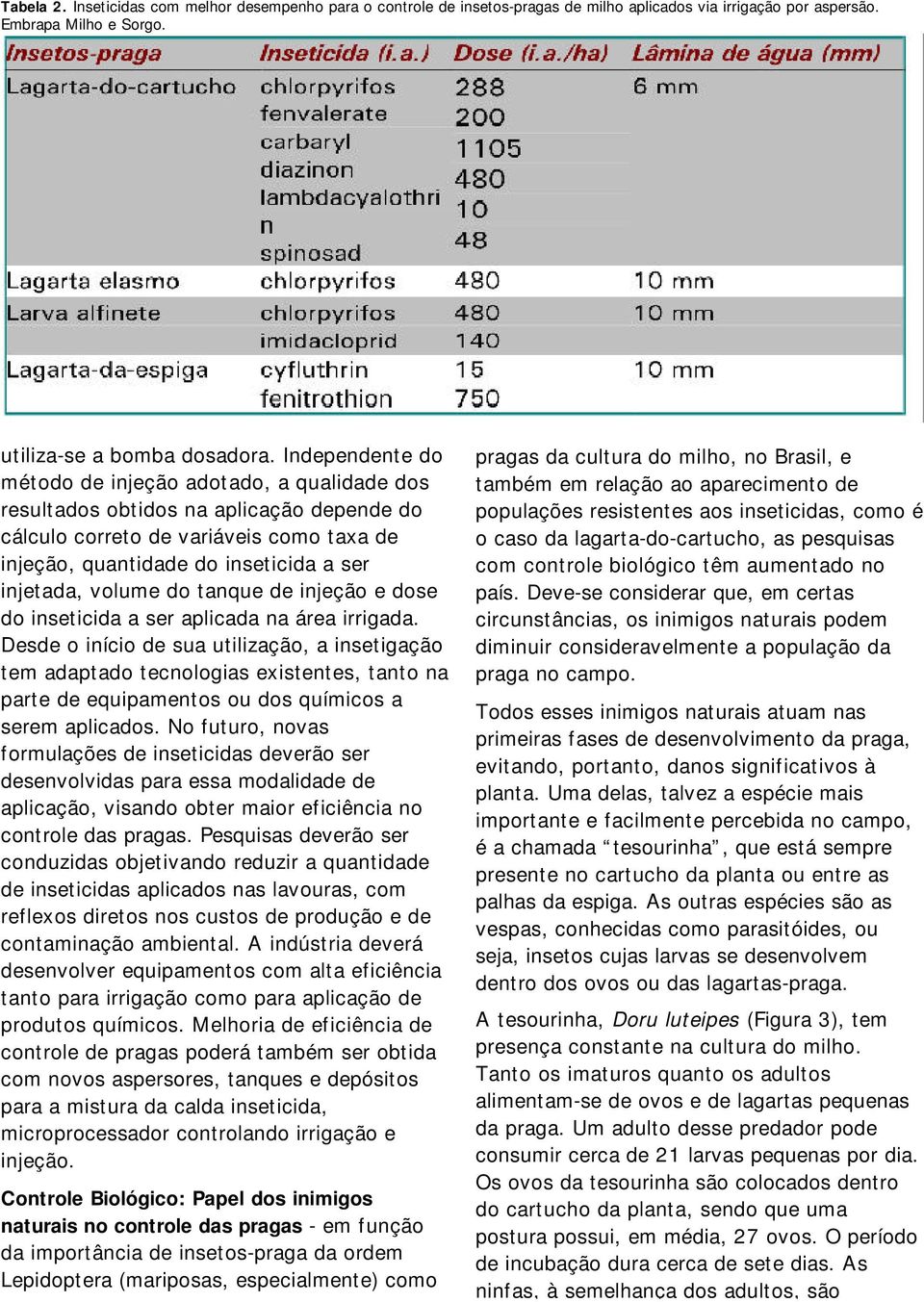 volume do tanque de injeção e dose do inseticida a ser aplicada na área irrigada.