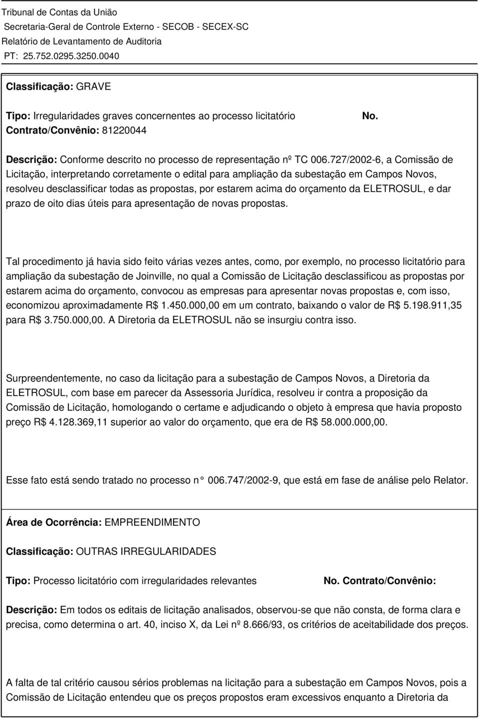 ELETROSUL, e dar prazo de oito dias úteis para apresentação de novas propostas.