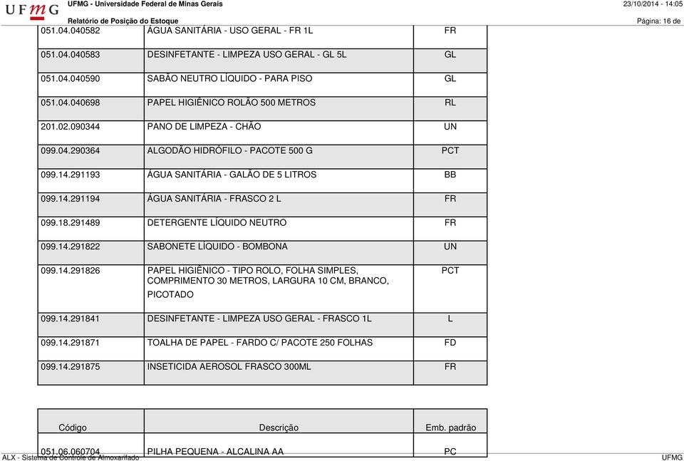 291193 ÁGUA SANITÁRIA - GALÃO DE 5 LITROS BB 099.14.291194 ÁGUA SANITÁRIA - FRASCO 2 L FR 099.18.291489 DETERGENTE LÍQUIDO NEUTRO FR 099.14.291822 SABONETE LÍQUIDO - BOMBONA 099.14.291826 PAPEL HIGIÊNICO - TIPO ROLO, FOLHA SIMPLES, COMPRIMENTO 30 METROS, LARGURA 10 CM, BRANCO, PICOTADO PCT 099.