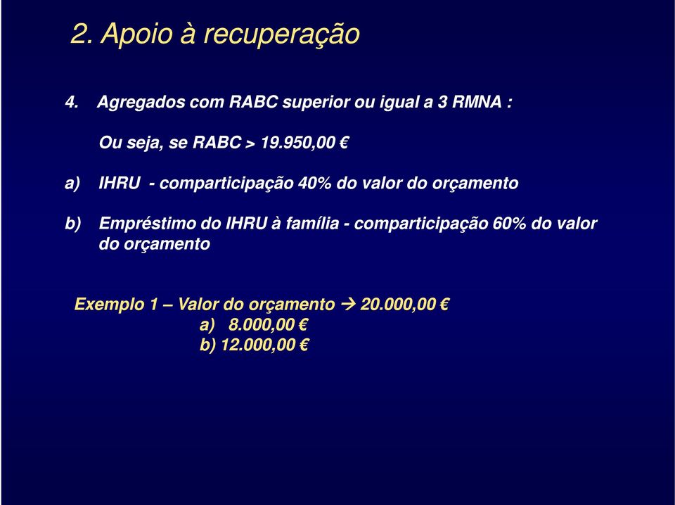 950,00 a) IHRU - comparticipação 40% do valor do orçamento b) Empréstimo