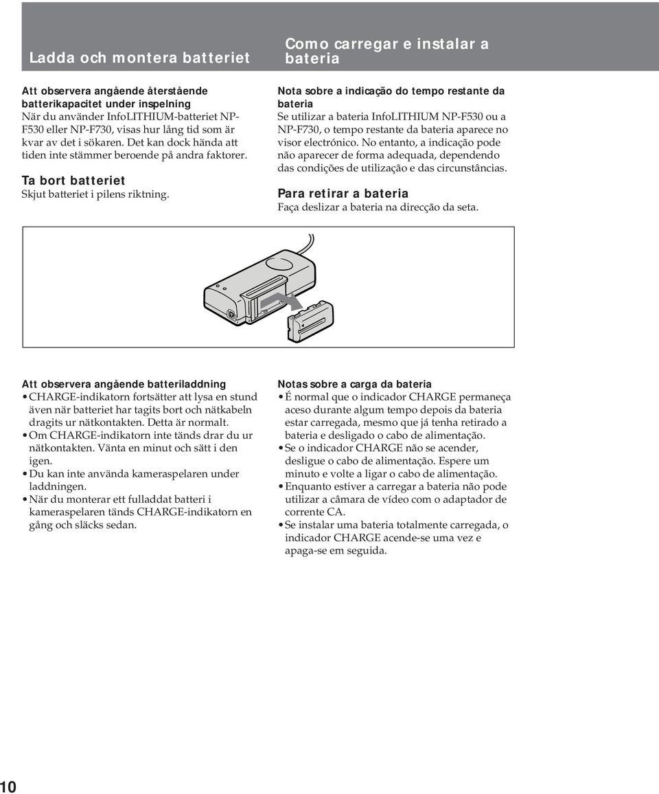 Como carregar e instalar a bateria Nota sobre a indicação do tempo restante da bateria Se utilizar a bateria InfoLITHIUM NP-F530 ou a NP-F730, o tempo restante da bateria aparece no visor electrónico.