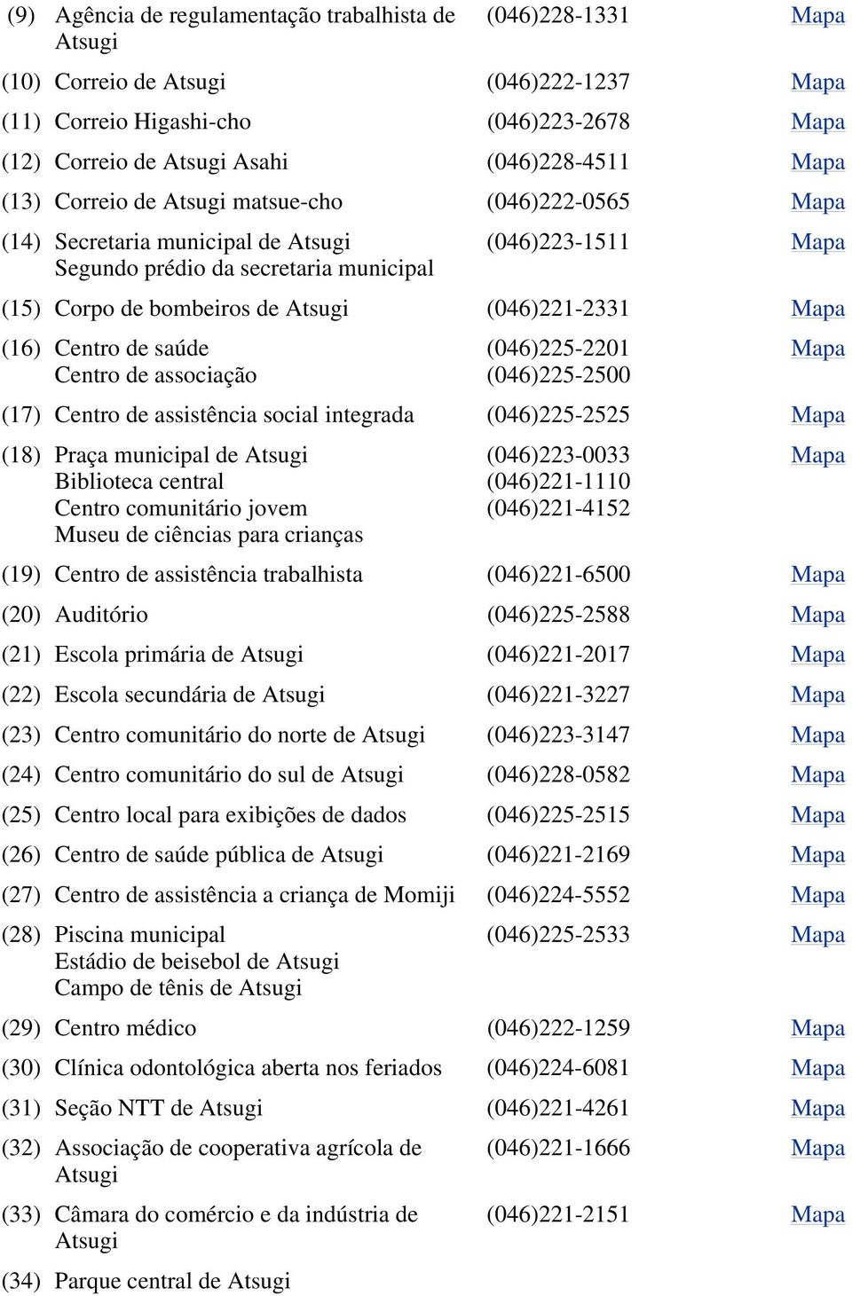 Mapa (16) Centro de saúde Centro de associação (046)225-2201 (046)225-2500 Mapa (17) Centro de assistência social integrada (046)225-2525 Mapa (18) Praça municipal de Atsugi Biblioteca central jovem