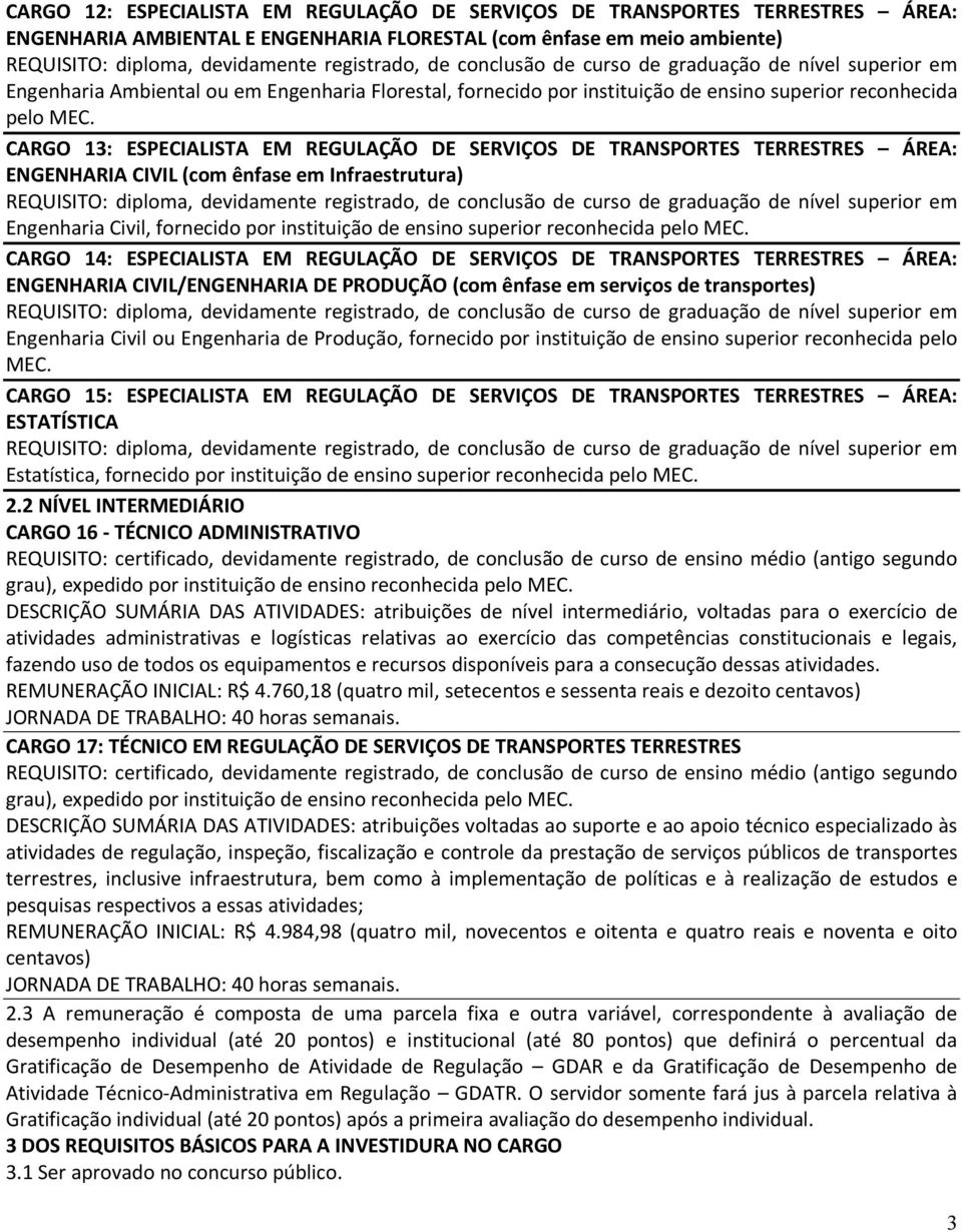 CARGO 13: ESPECIALISTA EM REGULAÇÃO DE SERVIÇOS DE TRANSPORTES TERRESTRES ÁREA: ENGENHARIA CIVIL (com ênfase em Infraestrutura) REQUISITO: diploma, devidamente registrado, de conclusão de curso de