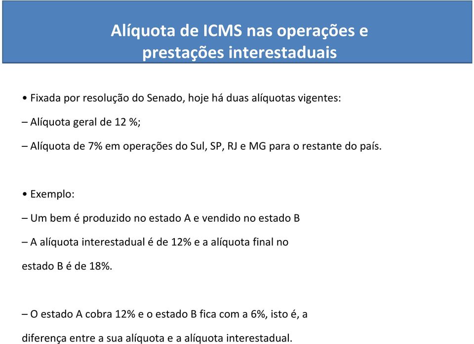 Exemplo: Um bem éproduzido no estado A e vendido no estado B A alíquota interestadual éde 12% e a alíquota final no