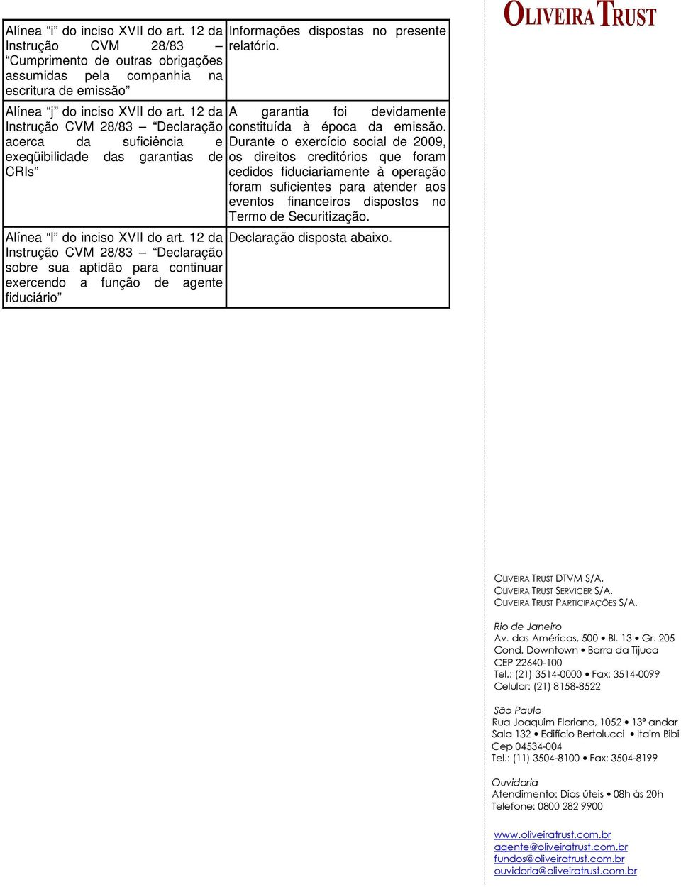 12 da Instrução CVM 28/83 Declaração sobre sua aptidão para continuar exercendo a função de agente fiduciário Informações dispostas no presente relatório.