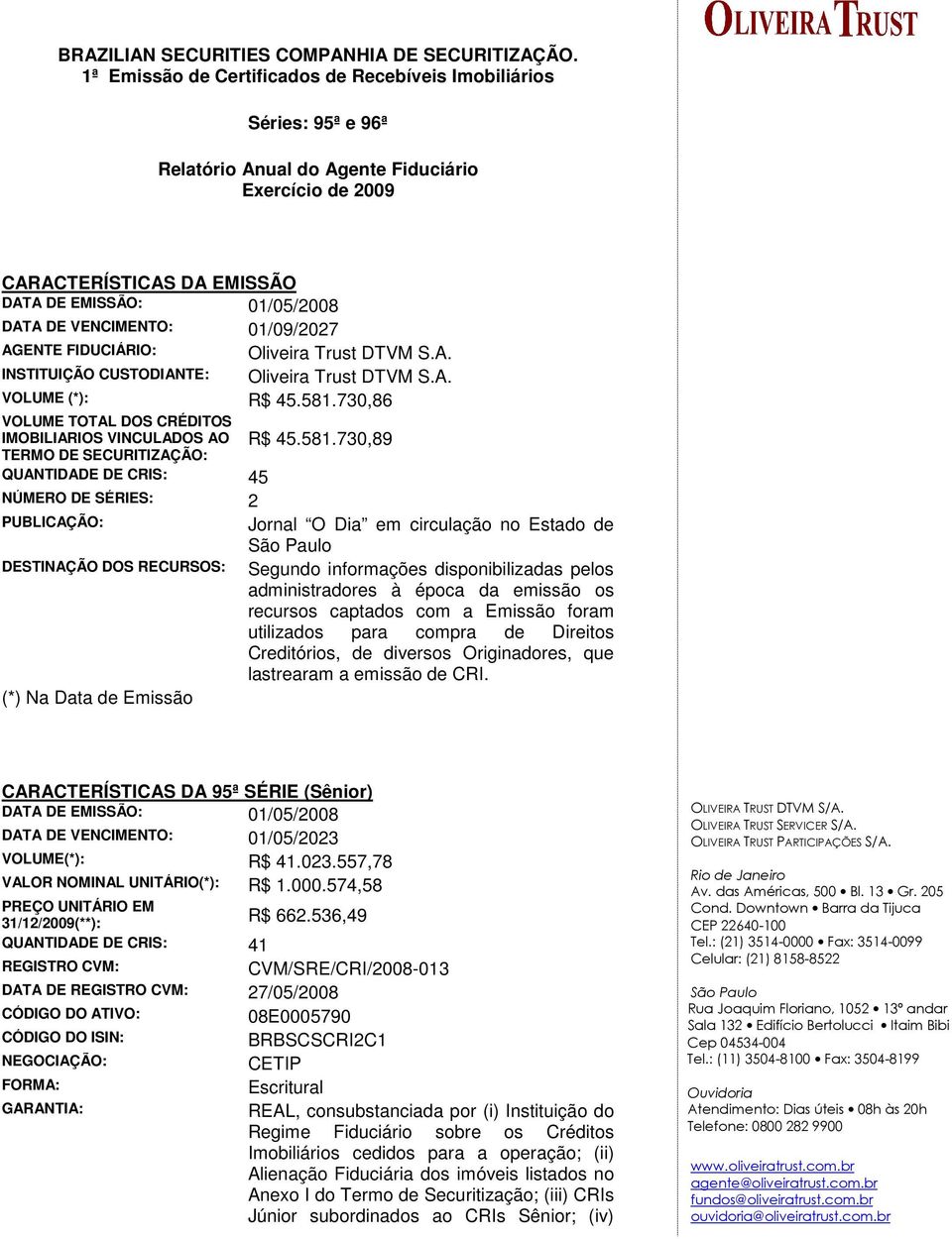 VENCIMENTO: 01/09/2027 AGENTE FIDUCIÁRIO: Oliveira Trust DTVM S.A. INSTITUIÇÃO CUSTODIANTE: Oliveira Trust DTVM S.A. VOLUME (*): R$ 45.581.