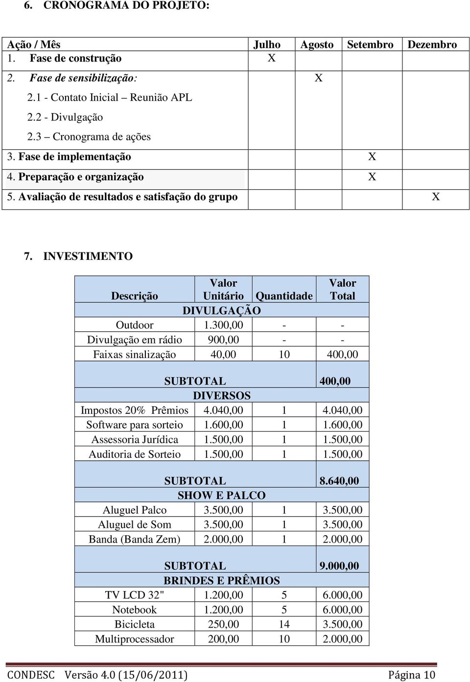 300,00 - - Divulgação em rádio 900,00 - - Faixas sinalização 40,00 10 400,00 SUBTOTAL 400,00 DIVERSOS Impostos 20% Prêmios 4.040,00 1 4.040,00 Software para sorteio 1.600,00 1 1.