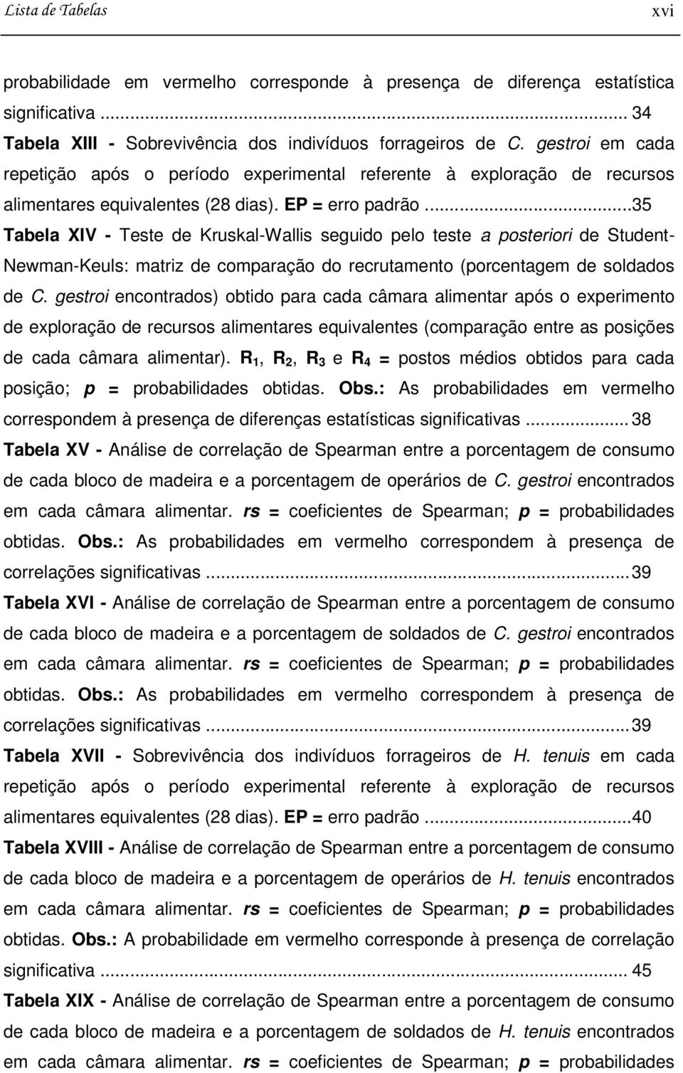 .. 35 Tabela XIV - Teste de Kruskal-Wallis seguido pelo teste a posteriori de Student- Newman-Keuls: matriz de comparação do recrutamento (porcentagem de soldados de C.