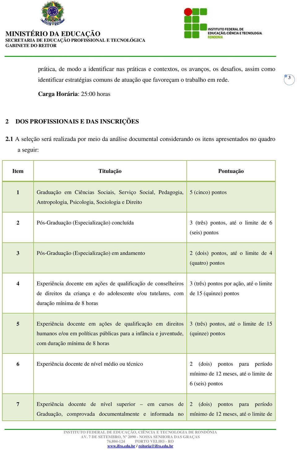 1 A seleção será realizada por meio da análise documental considerando os itens apresentados no quadro a seguir: Item Titulação Pontuação 1 Graduação em Ciências Sociais, Serviço Social, Pedagogia,