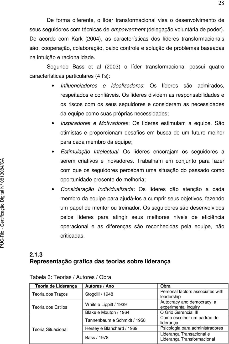 Segundo Bass et al (2003) o líder transformacional possui quatro características particulares (4 I s): Influenciadores e Idealizadores: Os líderes são admirados, respeitados e confiáveis.