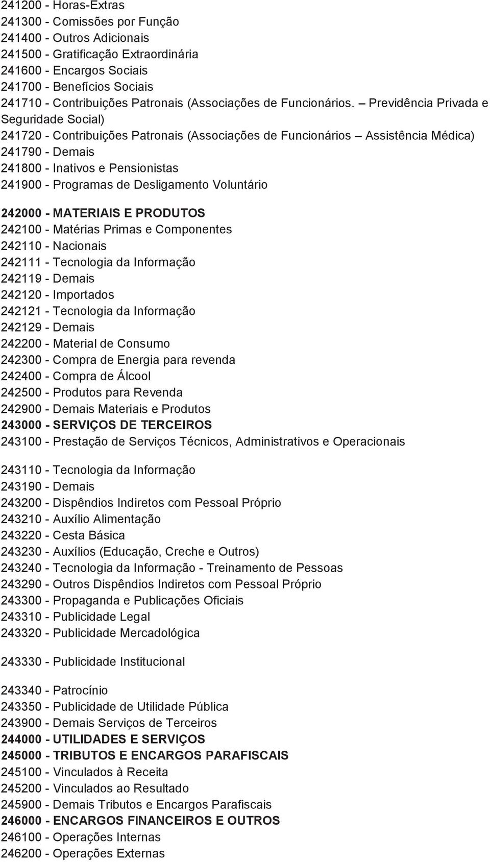 Previdência Privada e Seguridade Social) 241720 - Contribuições Patronais (Associações de Funcionários Assistência Médica) 241790 - Demais 241800 - Inativos e Pensionistas 241900 - Programas de