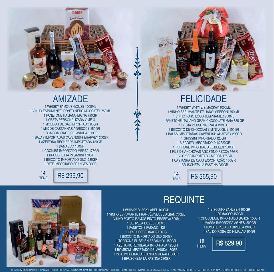 170GR 1 BISCOITO IMPORTADO DUX 320GR 1 PATE IMPORTADO FRANCÊS 80GR 14 FELICIDADE 1 WHISKY WHYTE & MACKAY 1000ML 1 VINHO ESPUMANTE ITALIANO SPERONI 750 ML 1 VINHO TORO LOCO TEMPRANILO 750ML 1 PANETONE