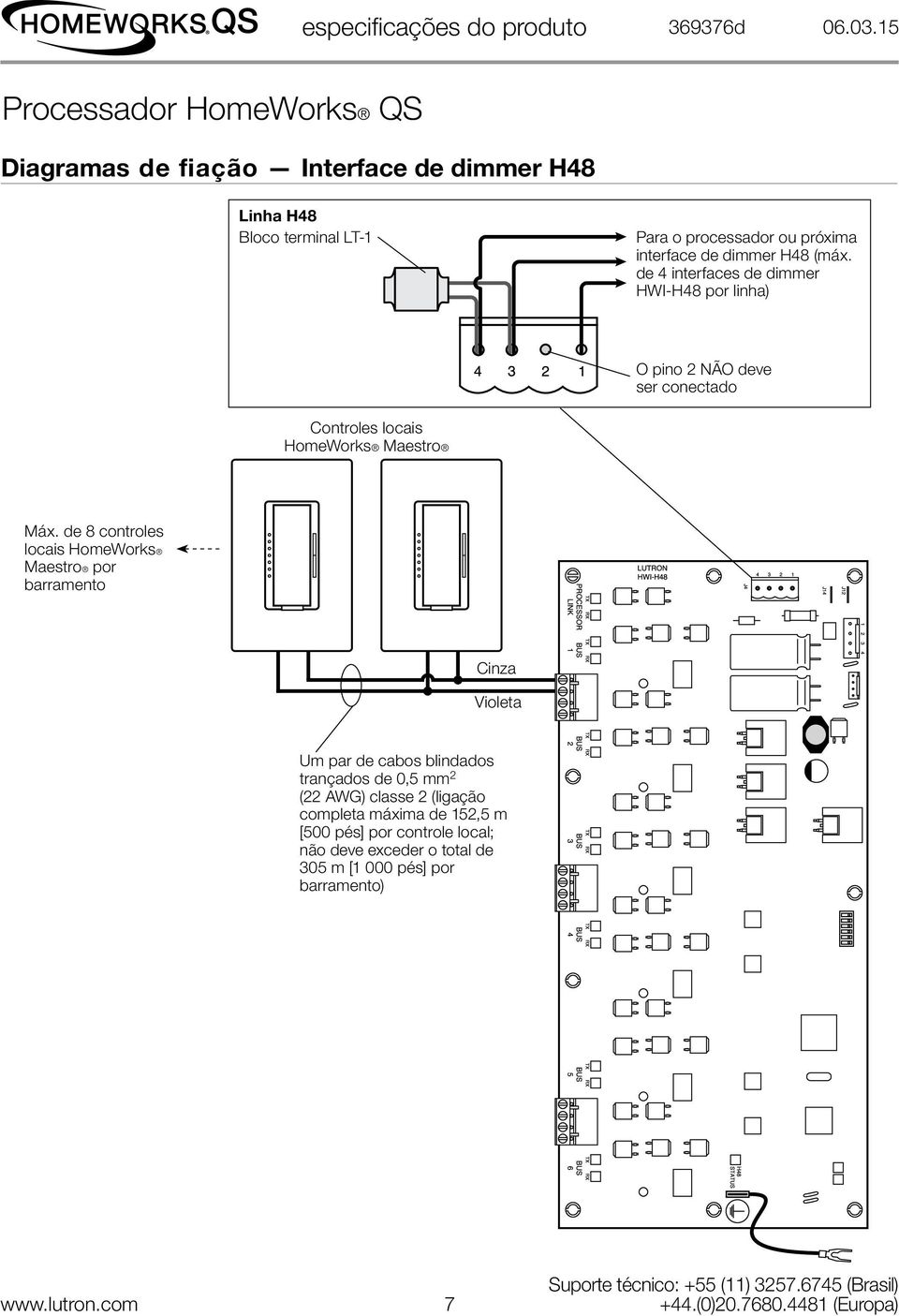 de 4 interfaces de dimmer HWI-H48 por linha) ON ON 1 2 3 4 5 6 1 2 3 4 5 6 O pino 2 NÃO deve ser conectado Controles locais HomeWorks Maestro Máx.