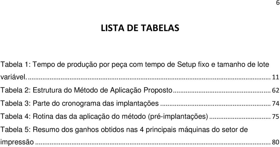 .. 62 Tabela 3: Parte do cronograma das implantações.