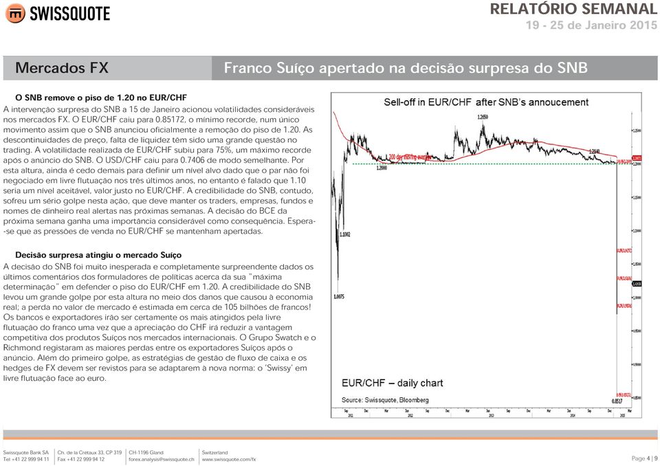 A volatilidade realizada de EUR/CHF subiu para 75%, um máximo recorde após o anúncio do SNB. O USD/CHF caiu para 0.7406 de modo semelhante.