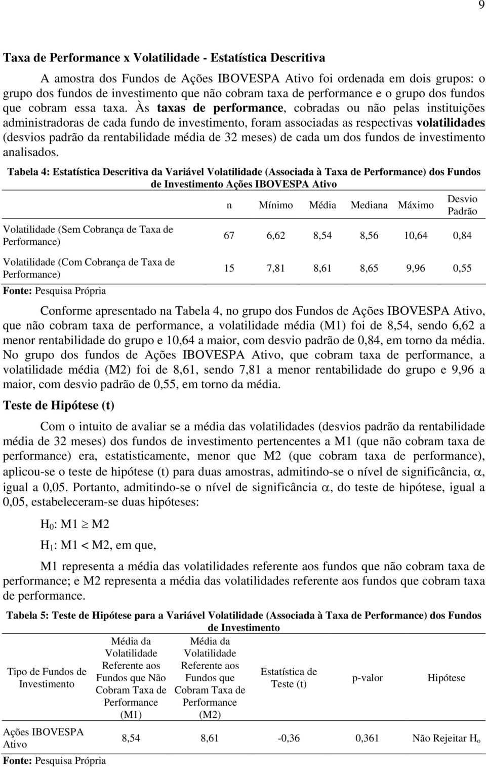 Às taxas de performance, cobradas ou não pelas instituições administradoras de cada fundo de investimento, foram associadas as respectivas volatilidades (desvios padrão da rentabilidade média de 32