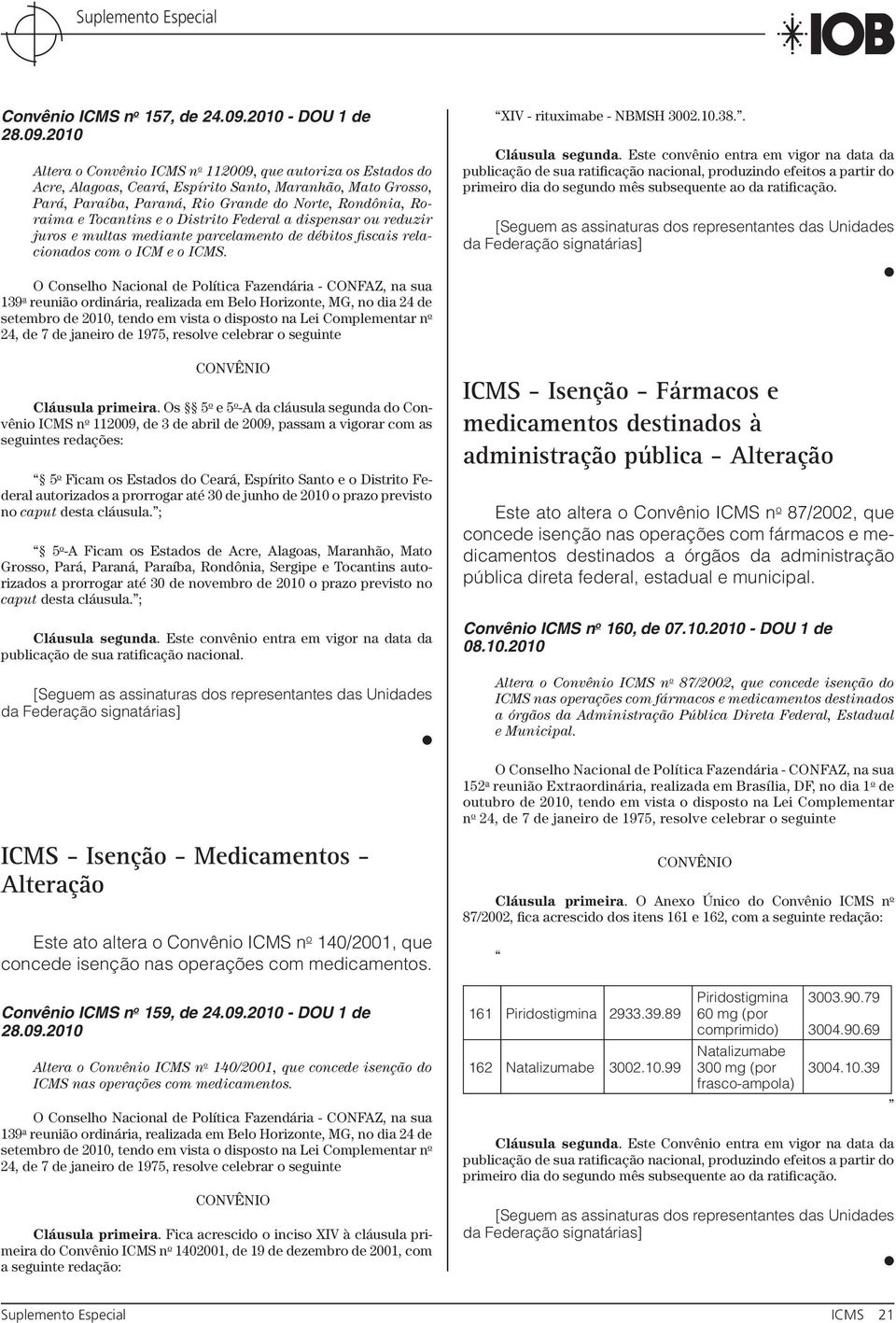 2010 Altera o Convênio ICMS n o 112009, que autoriza os Estados do Acre, Alagoas, Ceará, Espírito Santo, Maranhão, Mato Grosso, Pará, Paraíba, Paraná, Rio Grande do Norte, Rondônia, Roraima e