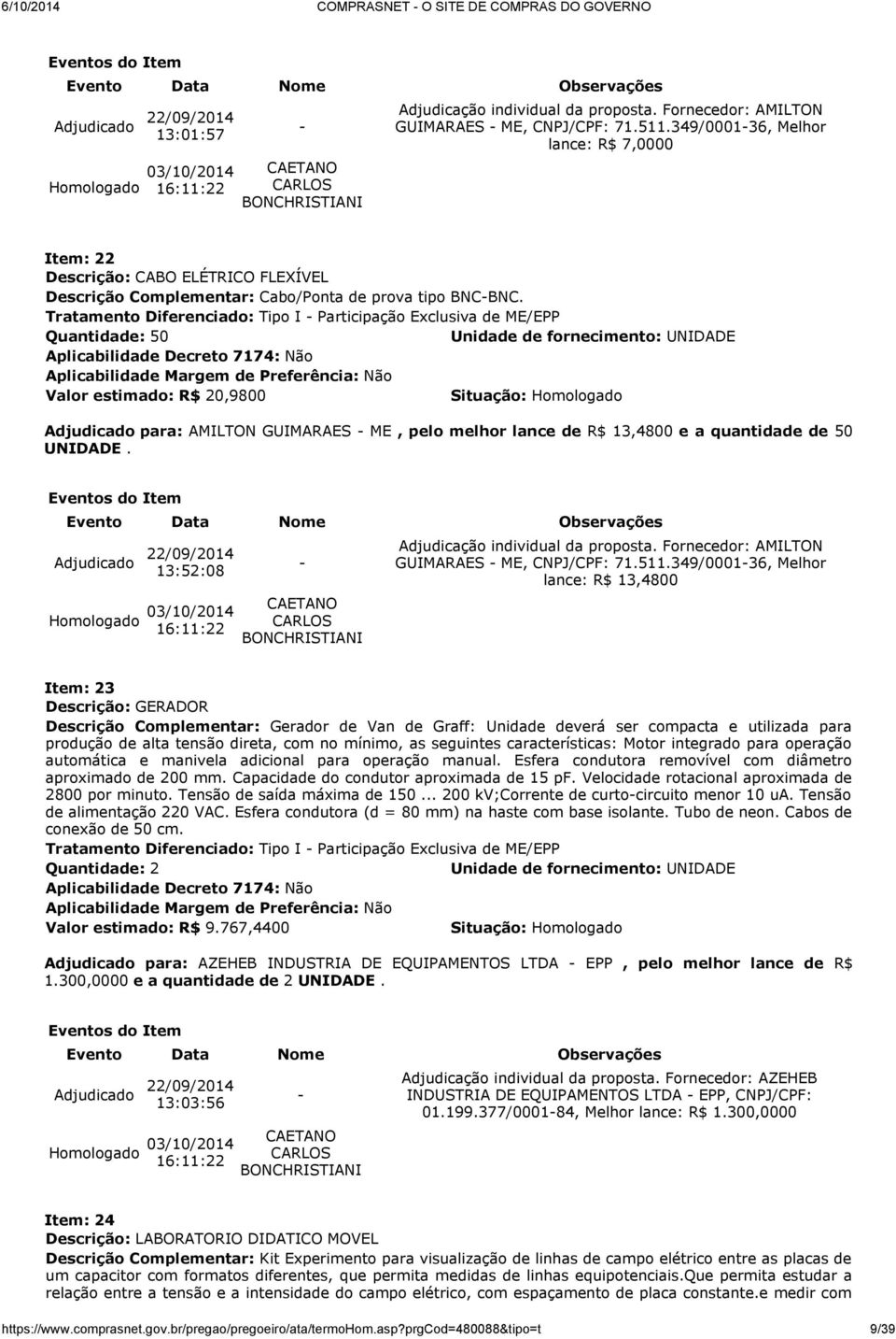 Tratamento Diferenciado: Tipo I Participação Exclusiva de ME/EPP Quantidade: 50 Valor estimado: R$ 20,9800 Adjudicado para: AMILTON GUIMARAES ME, pelo melhor lance de R$ 13,4800 e a quantidade de 50