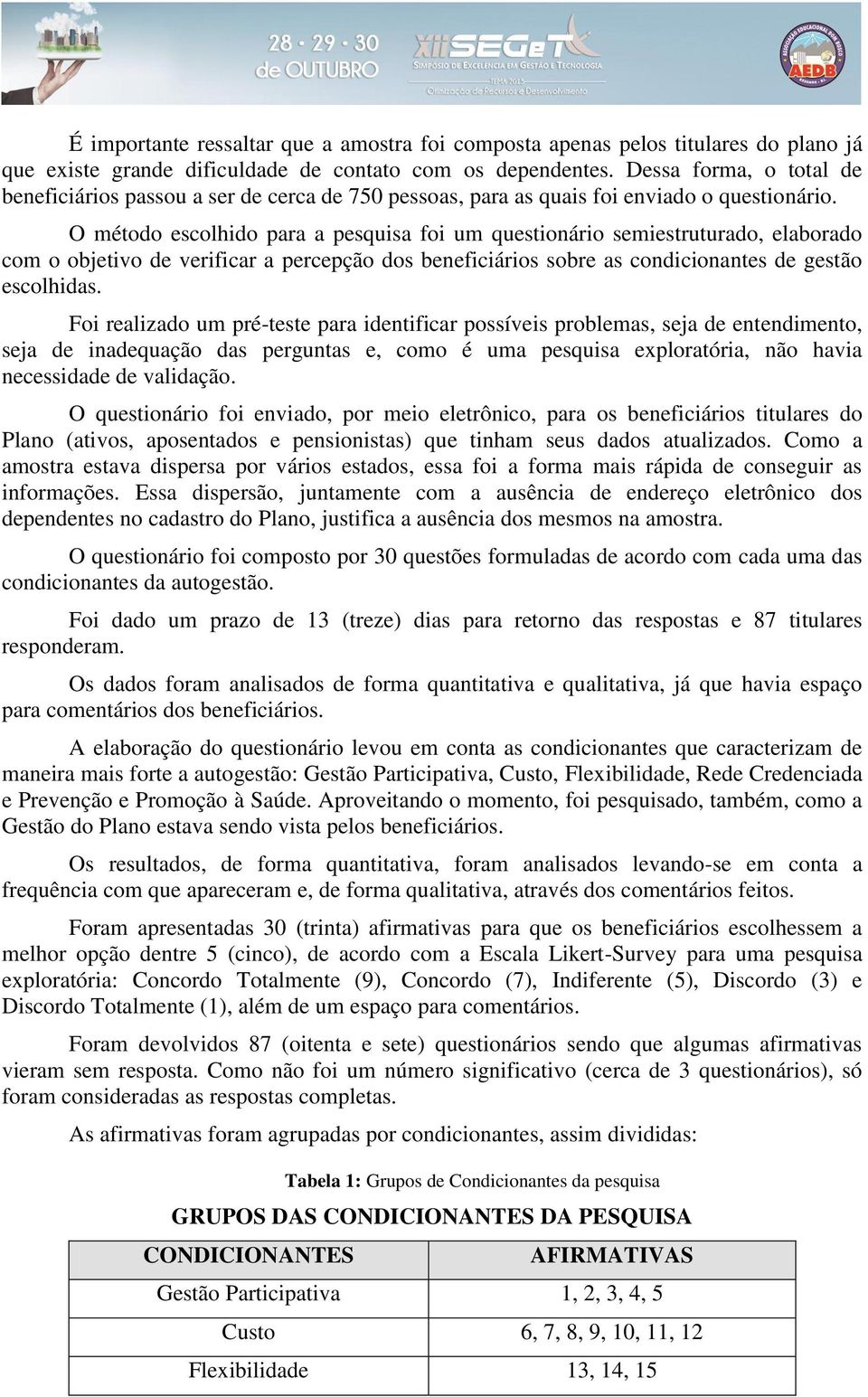 O método escolhido para a pesquisa foi um questionário semiestruturado, elaborado com o objetivo de verificar a percepção dos beneficiários sobre as condicionantes de gestão escolhidas.