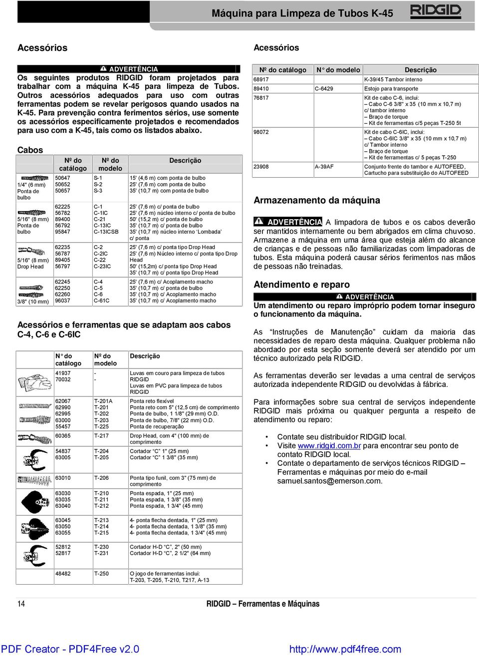 Para prevenção contra ferimentos sérios, use somente os acessórios especificamente projetados e recomendados para uso com a K-45, tais como os listados abaixo.