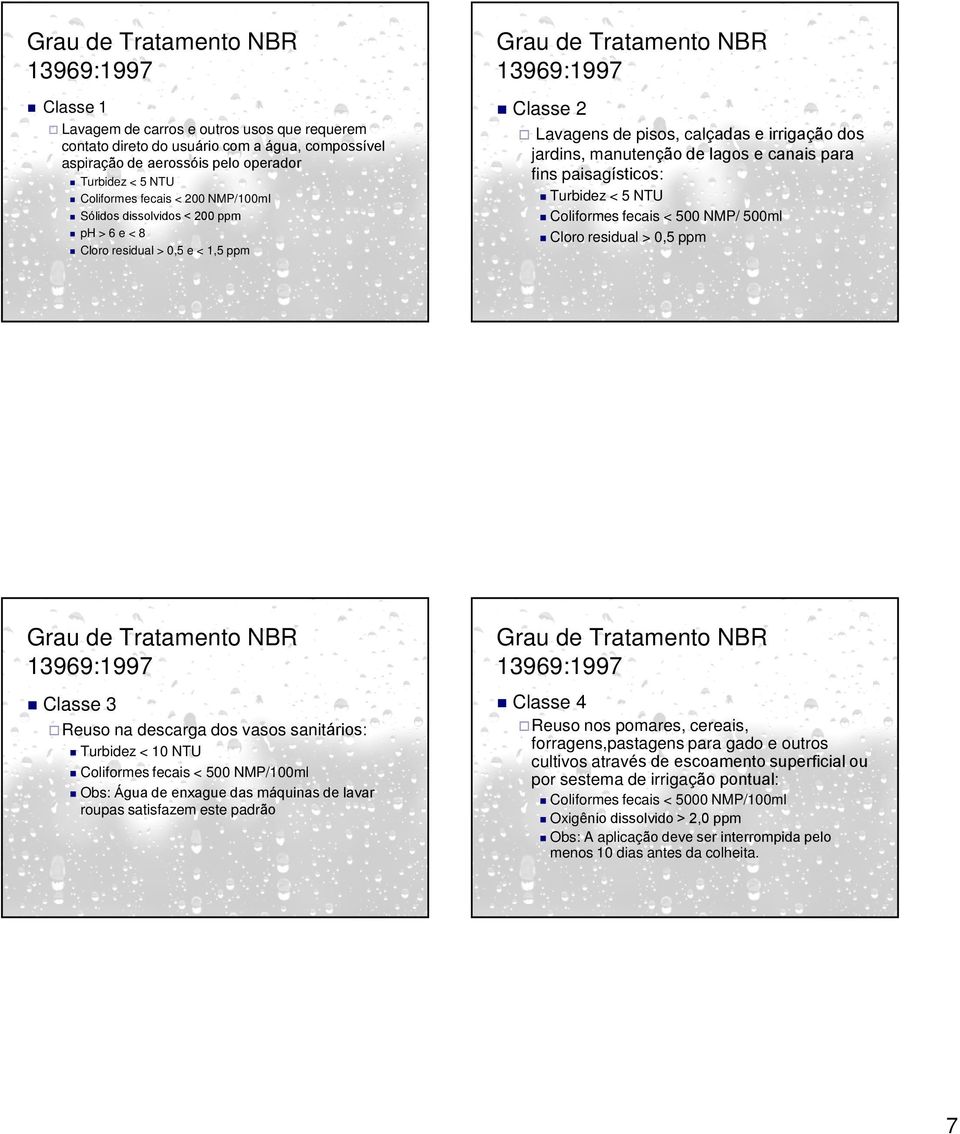 jardins, manutenção de lagos e canais para fins paisagísticos: Turbidez < 5 NTU Coliformes fecais < 500 NMP/ 500ml Cloro residual > 0,5 ppm Grau de Tratamento NBR 13969:1997 Classe 3 Reuso na