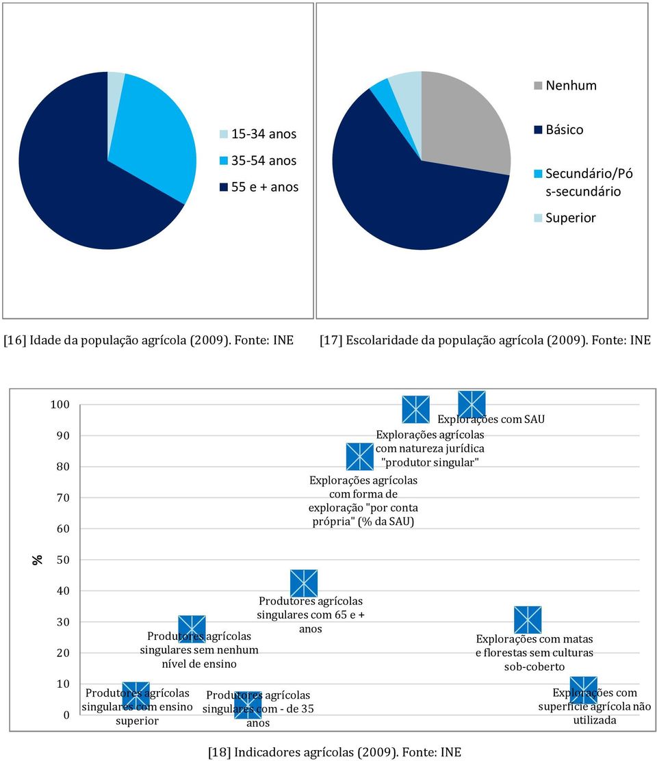 % 50 40 30 20 10 0 Produtores agrícolas singulares com 65 e + anos Produtores agrícolas singulares sem nenhum nível de ensino Produtores agrícolas singulares com ensino superior Produtores