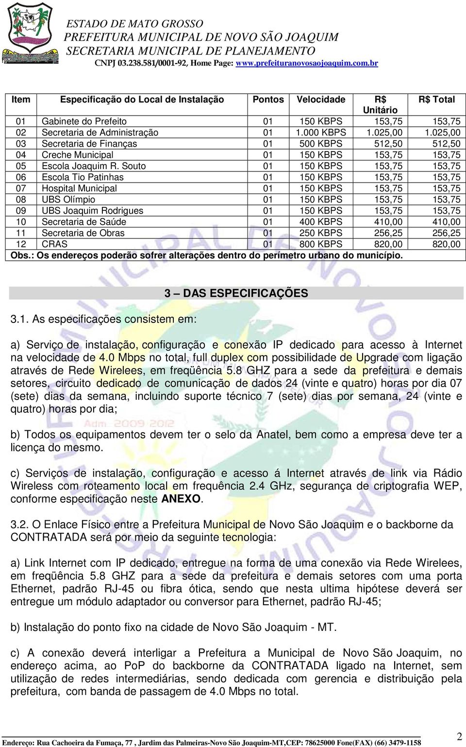 Souto 01 150 KBPS 153,75 153,75 06 Escola Tio Patinhas 01 150 KBPS 153,75 153,75 07 Hospital Municipal 01 150 KBPS 153,75 153,75 08 UBS Olímpio 01 150 KBPS 153,75 153,75 09 UBS Joaquim Rodrigues 01