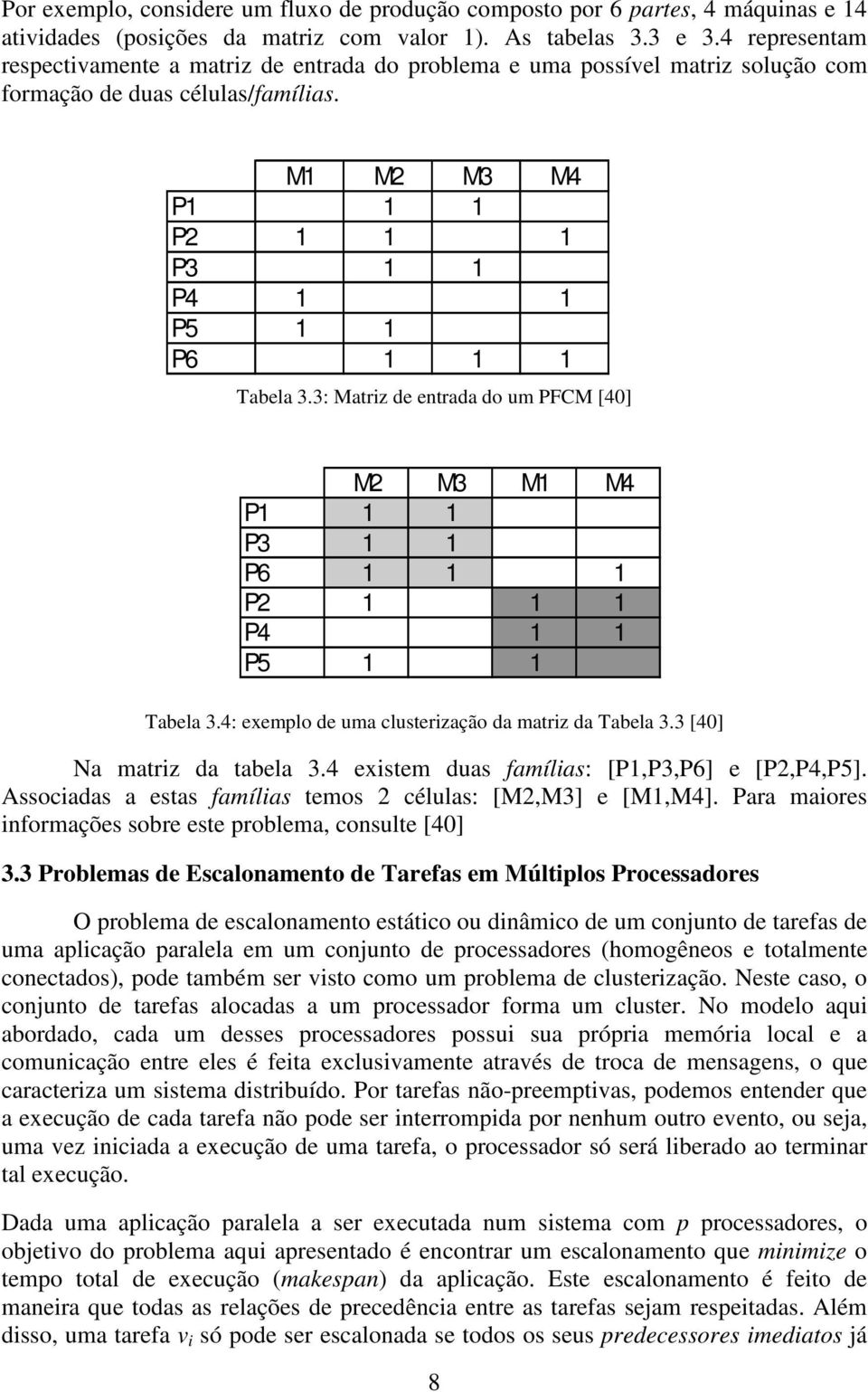 3: Matriz de entrada do um PFCM [40] M2 M3 M1 M4 P1 1 1 P3 1 1 P6 1 1 1 P2 1 1 1 P4 1 1 P5 1 1 Tabela 3.4: exemplo de uma clusterização da matriz da Tabela 3.3 [40] Na matriz da tabela 3.