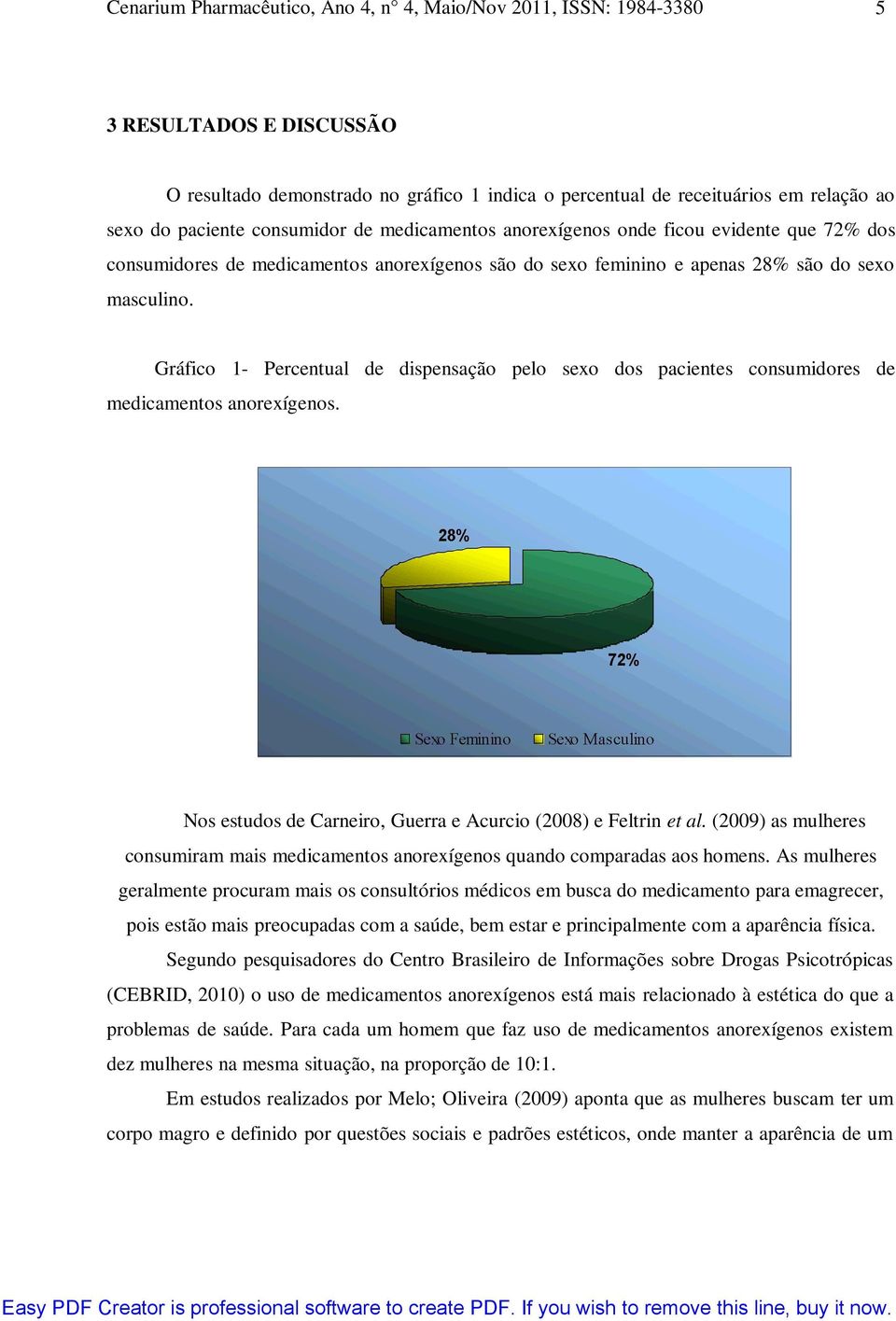 Gráfico - Percentual de dispensação pelo sexo dos pacientes consumidores de medicamentos anorexígenos. Nos estudos de Carneiro, Guerra e Acurcio (2008) e Feltrin et al.