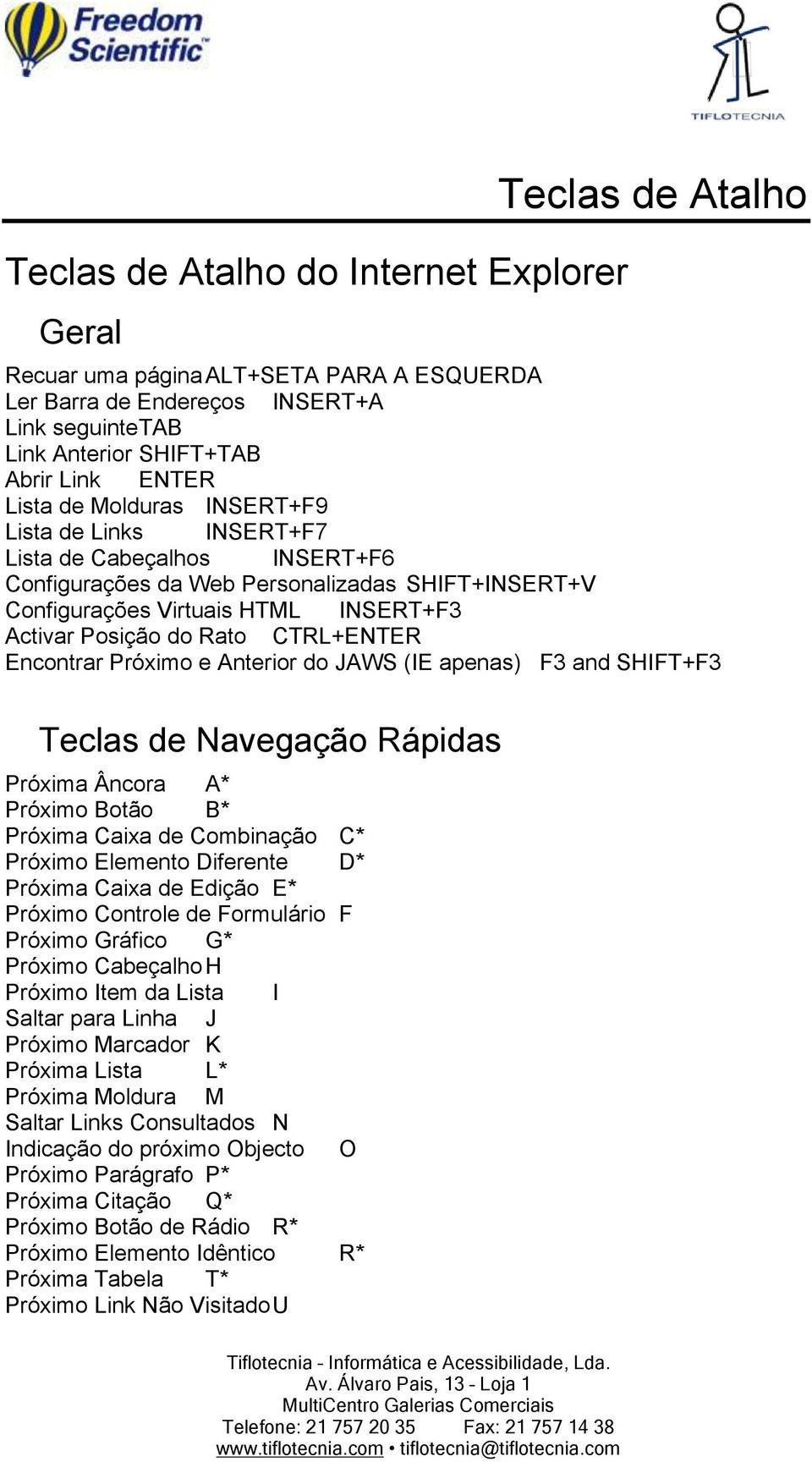 CTRL+ENTER Encontrar Próximo e Anterior do JAWS (IE apenas) F3 and SHIFT+F3 Teclas de Navegação Rápidas Próxima Âncora A* Próximo Botão B* Próxima Caixa de Combinação C* Próximo Elemento Diferente D*