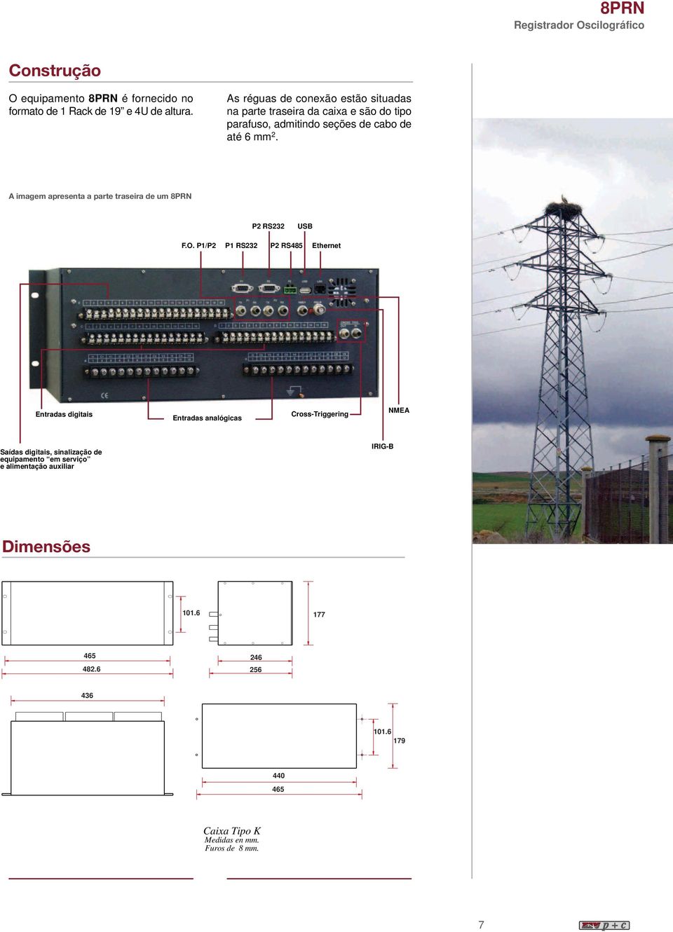 A imagem apresenta a parte traseira de um 8PRN P2 RS232 USB F.O.