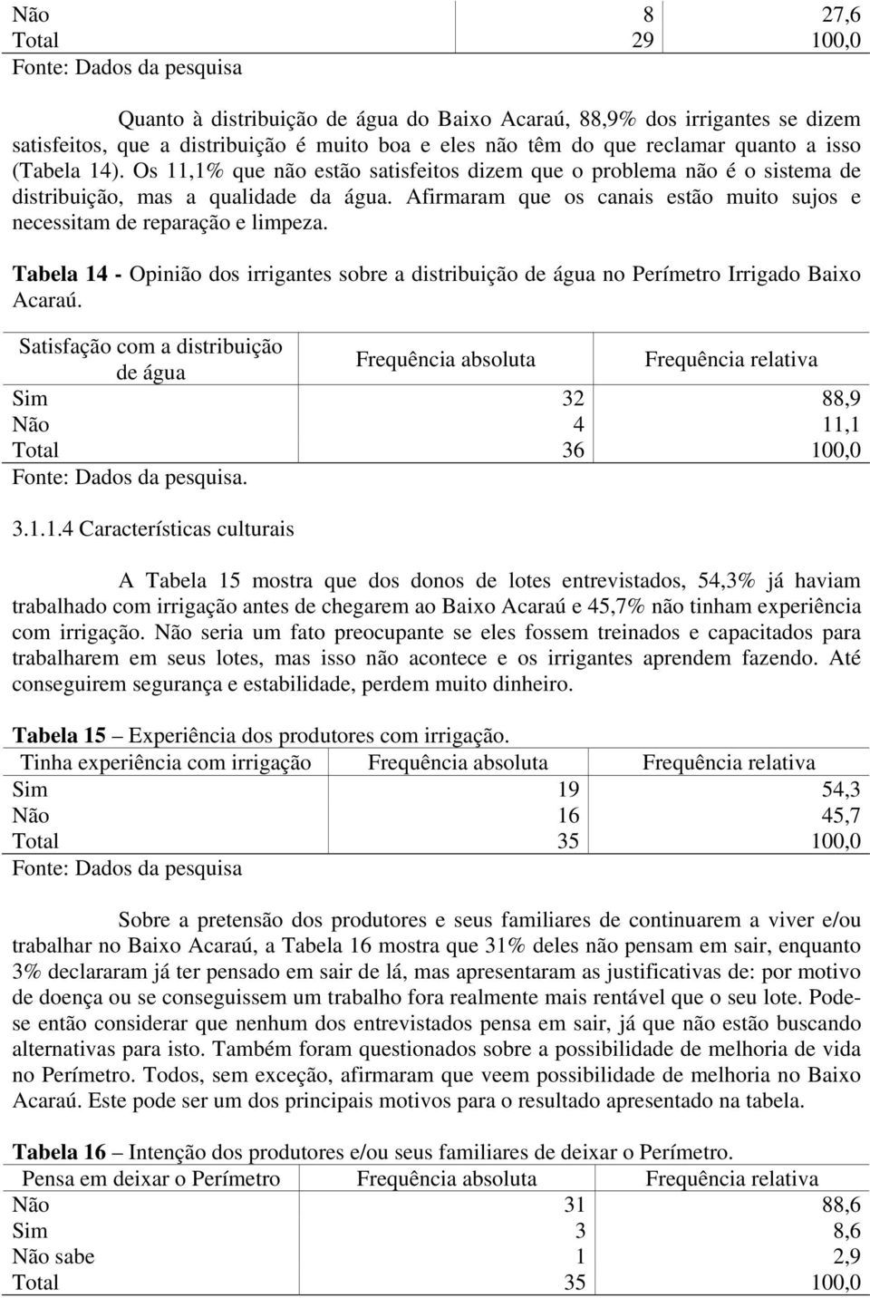 Tabela 14 - Opinião dos irrigantes sobre a distribuição de água no Perímetro Irrigado Baixo Acaraú.