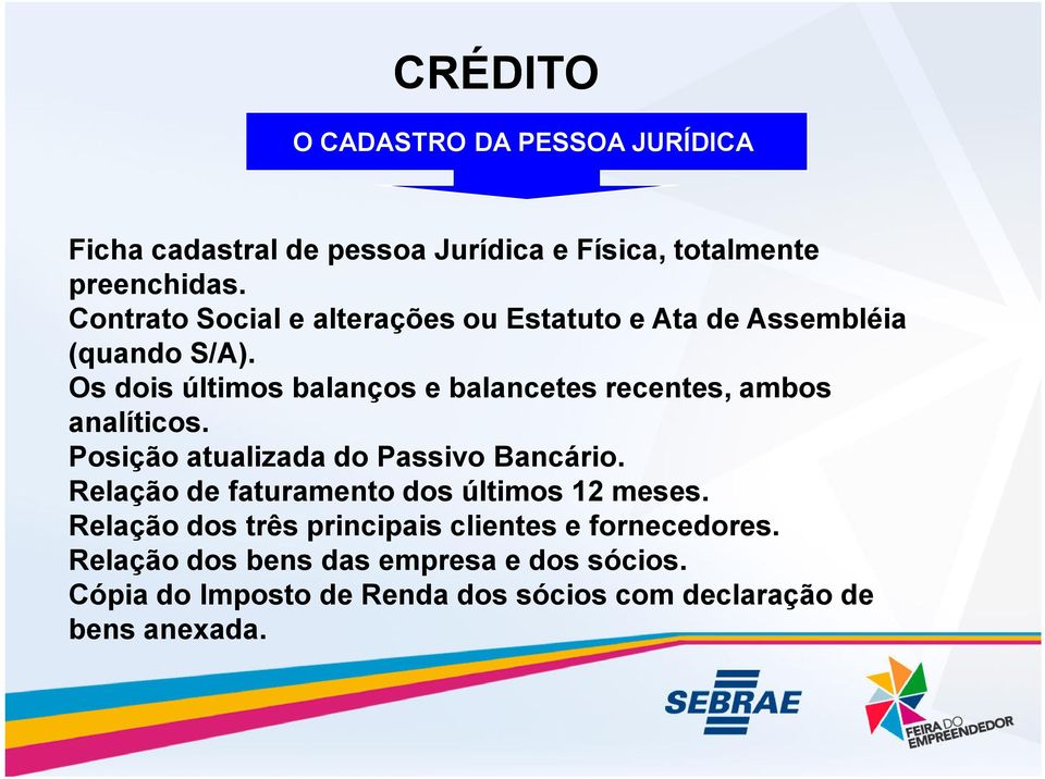 Os dois últimos balanços e balancetes recentes, ambos analíticos. Posição atualizada do Passivo Bancário.