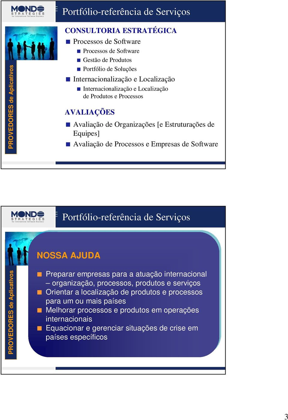 Empresas de Software Portfólio-referência de Serviços NOSSA AJUDA PROVEDORES de Aplicativos Preparar empresas para a atuação internacional organização, processos, produtos e serviços