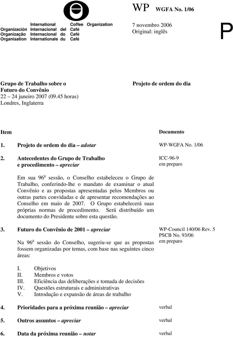 sobre o Futuro do Convênio 22 24 janeiro 2007 (09.45 horas) Londres, Inglaterra Projeto de ordem do dia Item Documento 1. Projeto de ordem do dia adotar WP-WGFA No. 1/06 2.