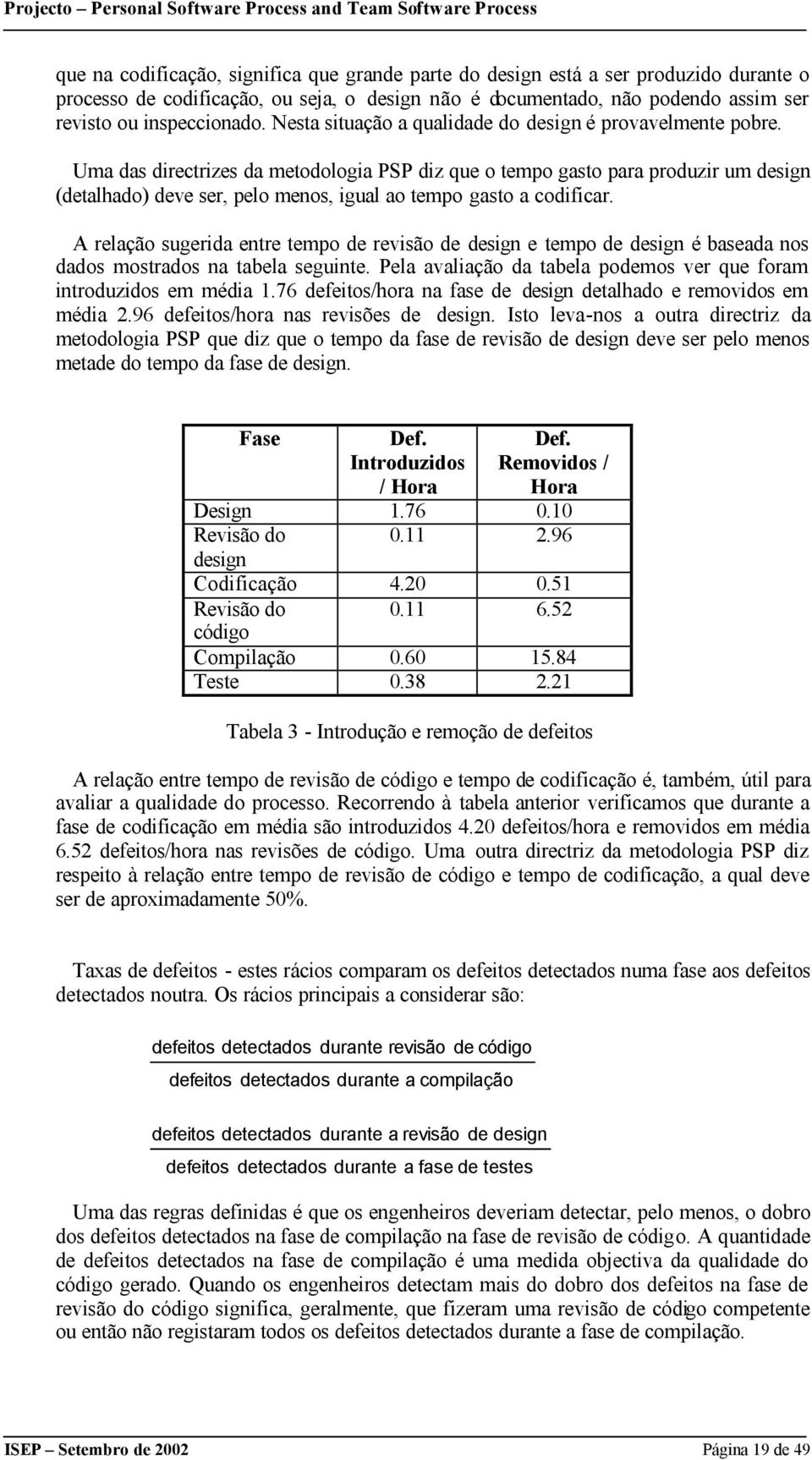 Uma das directrizes da metodologia PSP diz que o tempo gasto para produzir um design (detalhado) deve ser, pelo menos, igual ao tempo gasto a codificar.