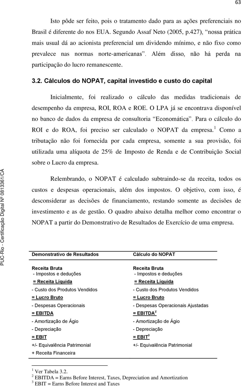 3.2. Cálculos do NOPAT, capital investido e custo do capital Inicialmente, foi realizado o cálculo das medidas tradicionais de desempenho da empresa, ROI, ROA e ROE.