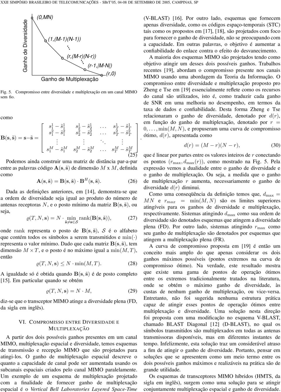 .. M T M T (5) Podemo ainda contruir uma matriz de ditância par-a-par entre a palavra código A(, ) de dimenão M x M, definida como A(, ) = B(, ) B H (, ).