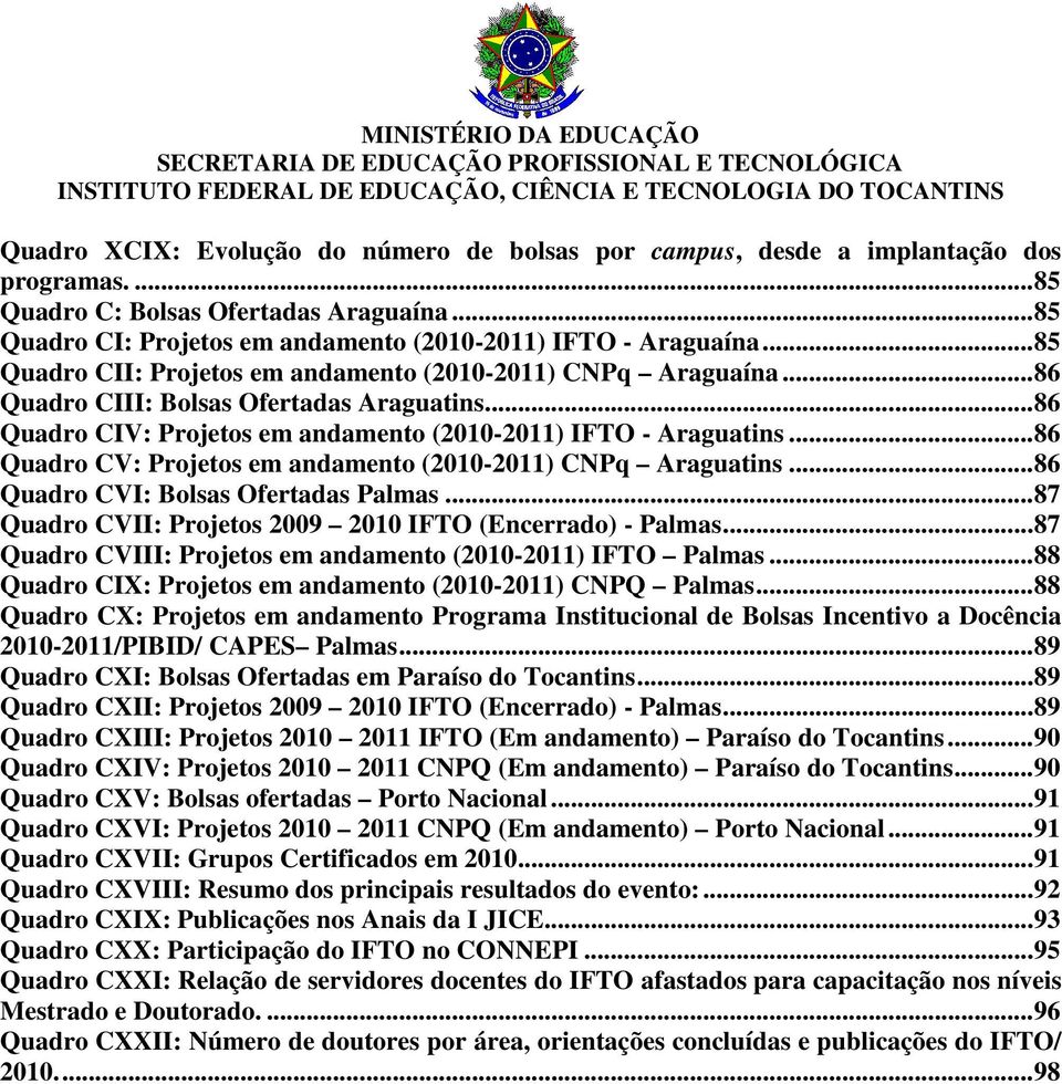 ..86 Quadro CV: Projetos em andamento (2010-2011) CNPq Araguatins...86 Quadro CVI: Bolsas Ofertadas Palmas...87 Quadro CVII: Projetos 2009 2010 IFTO (Encerrado) - Palmas.