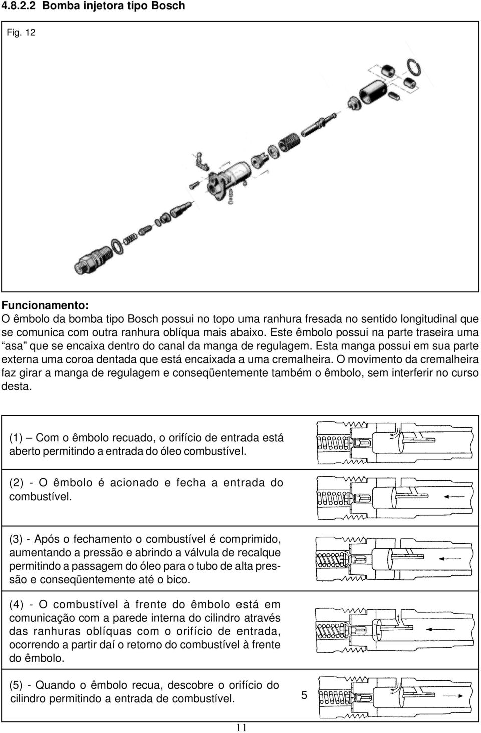 O movimento da cremalheira faz girar a manga de regulagem e conseqüentemente também o êmbolo, sem interferir no curso desta.