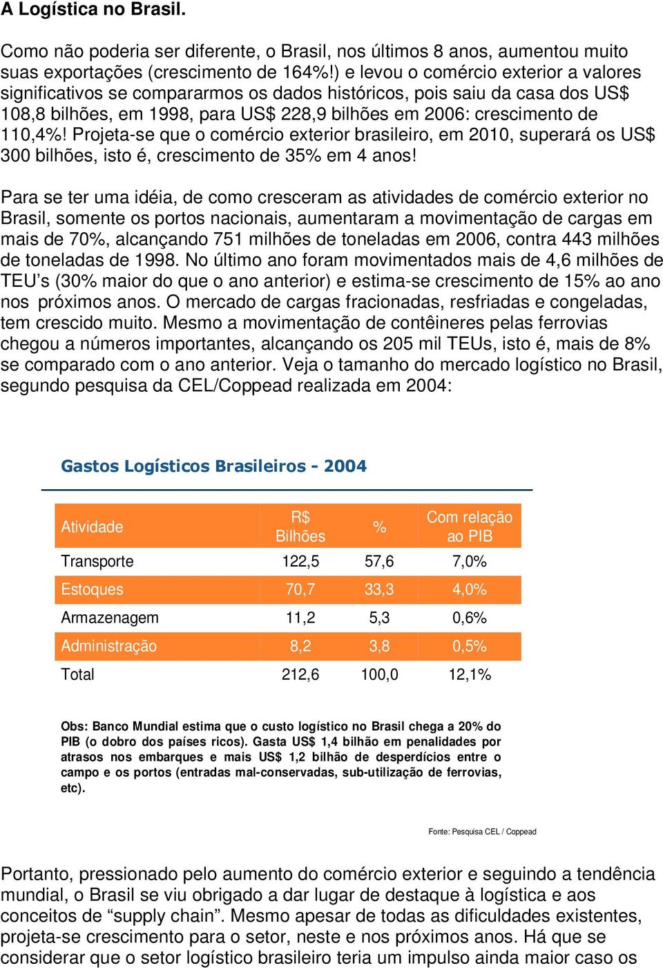 Projeta-se que o comércio exterior brasileiro, em 2010, superará os US$ 300 bilhões, isto é, crescimento de 35% em 4 anos!