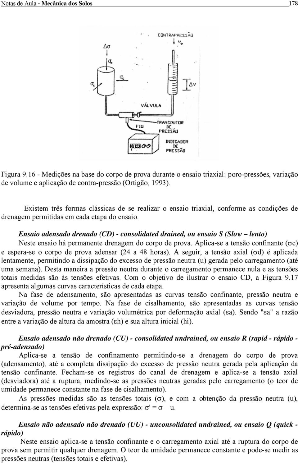 Ensaio adensado drenado (CD) - consolidated drained, ou ensaio S (Slow lento) Neste ensaio há permanente drenagem do corpo de prova.