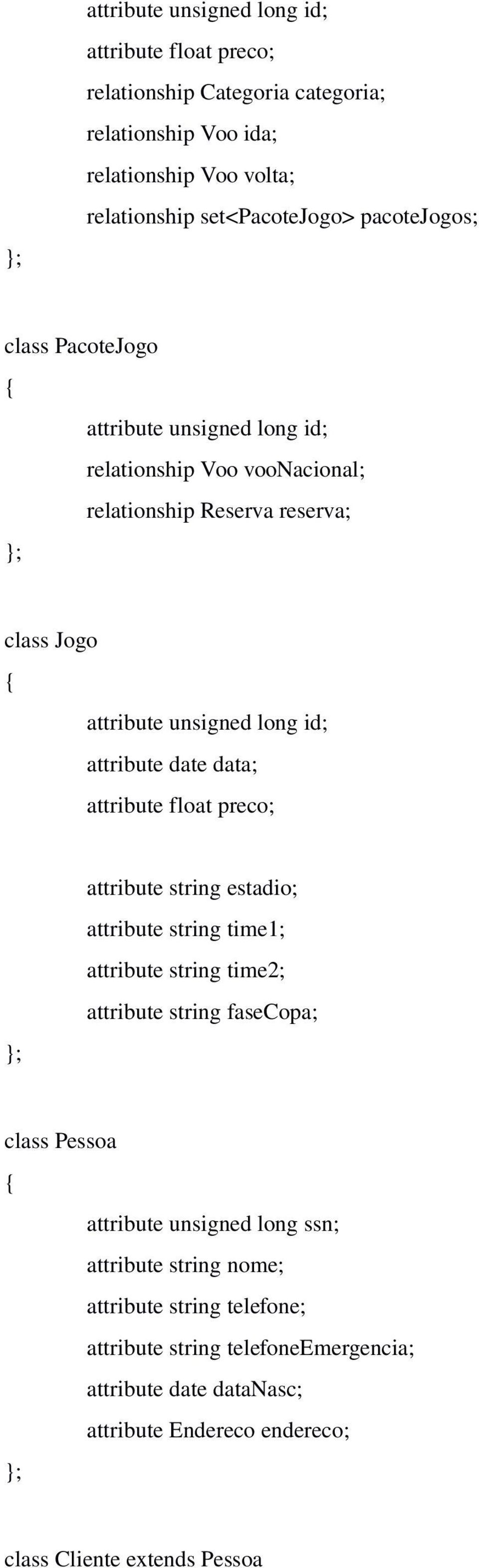 date data; attribute float preco; attribute string estadio; attribute string time1; attribute string time2; attribute string fasecopa; class Pessoa attribute unsigned