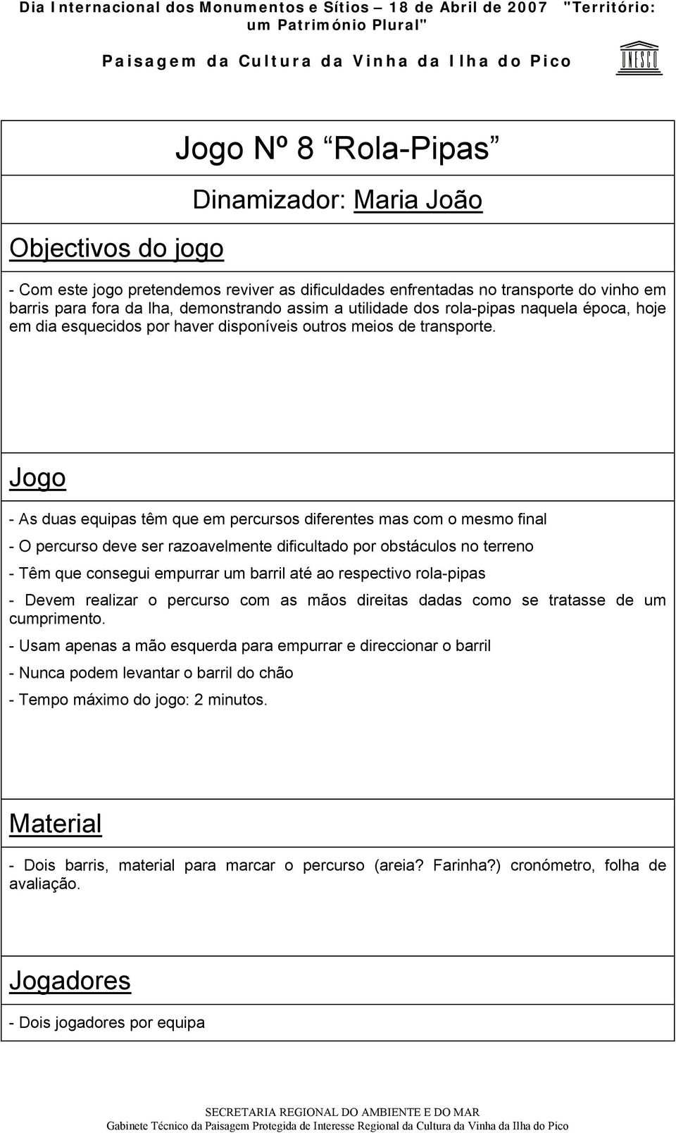 - As duas equipas têm que em percursos diferentes mas com o mesmo final - O percurso deve ser razoavelmente dificultado por obstáculos no terreno - Têm que consegui empurrar um barril até ao