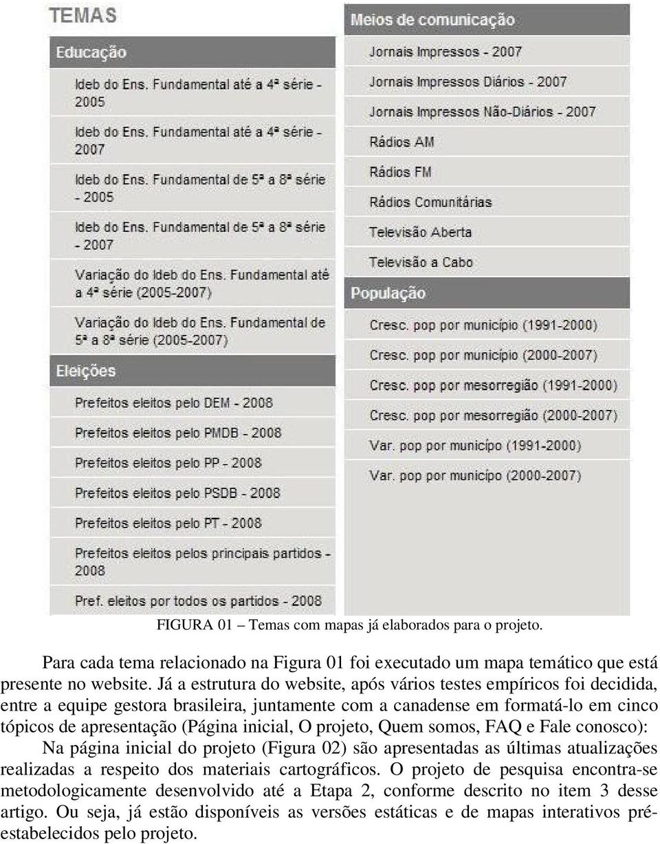 inicial, O projeto, Quem somos, FAQ e Fale conosco): Na página inicial do projeto (Figura 02) são apresentadas as últimas atualizações realizadas a respeito dos materiais cartográficos.