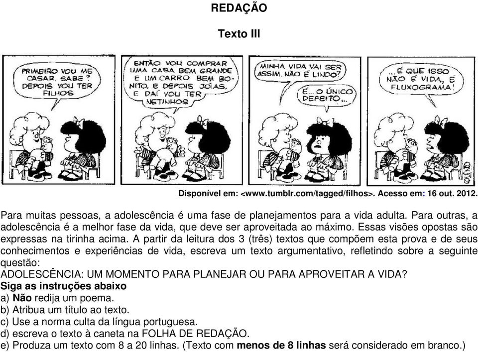 A partir da leitura dos 3 (três) textos que compõem esta prova e de seus conhecimentos e experiências de vida, escreva um texto argumentativo, refletindo sobre a seguinte questão: ADOLESCÊNCIA: UM