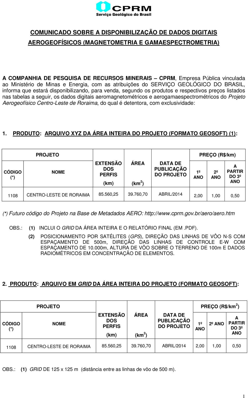digitais aeromagnetométricos e aerogamaespectrométricos do Projeto Aerogeofísico Centro-Leste de Roraima, do qual é detentora, com exclusividade: 1.
