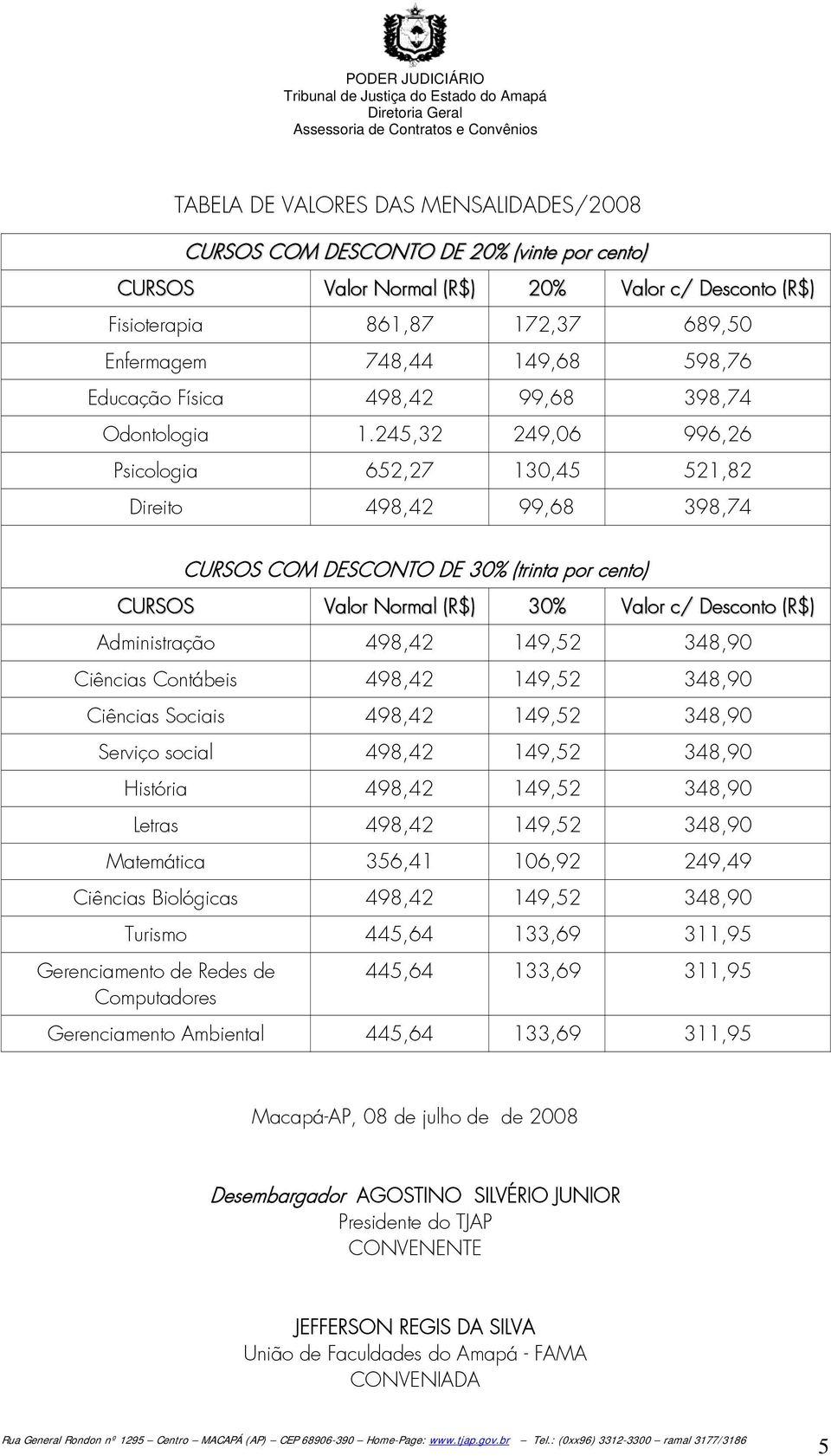 245,32 249,06 996,26 Psicologia 652,27 130,45 521,82 Direito 498,42 99,68 398,74 CURSOS CURSOS COM DESCONTO DE 30% (trinta por cento) Valor Normal (R$) 30% Valor c/ Desconto (R$) Administração 498,42