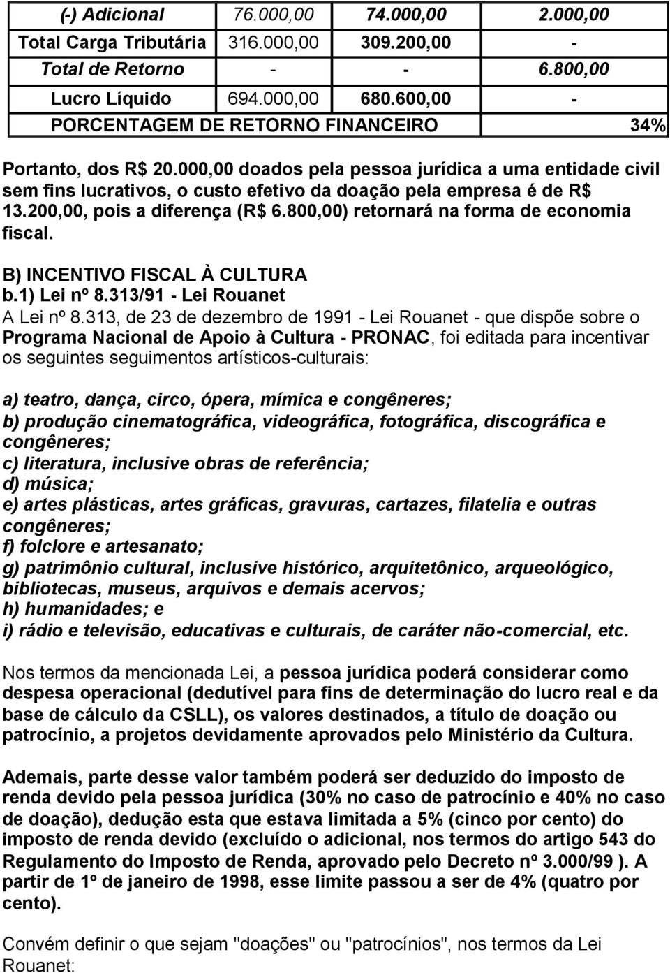 200,00, pois a diferença (R$ 6.800,00) retornará na forma de economia fiscal. B) INCENTIVO FISCAL À CULTURA b.1) Lei nº 8.313/91 - Lei Rouanet A Lei nº 8.