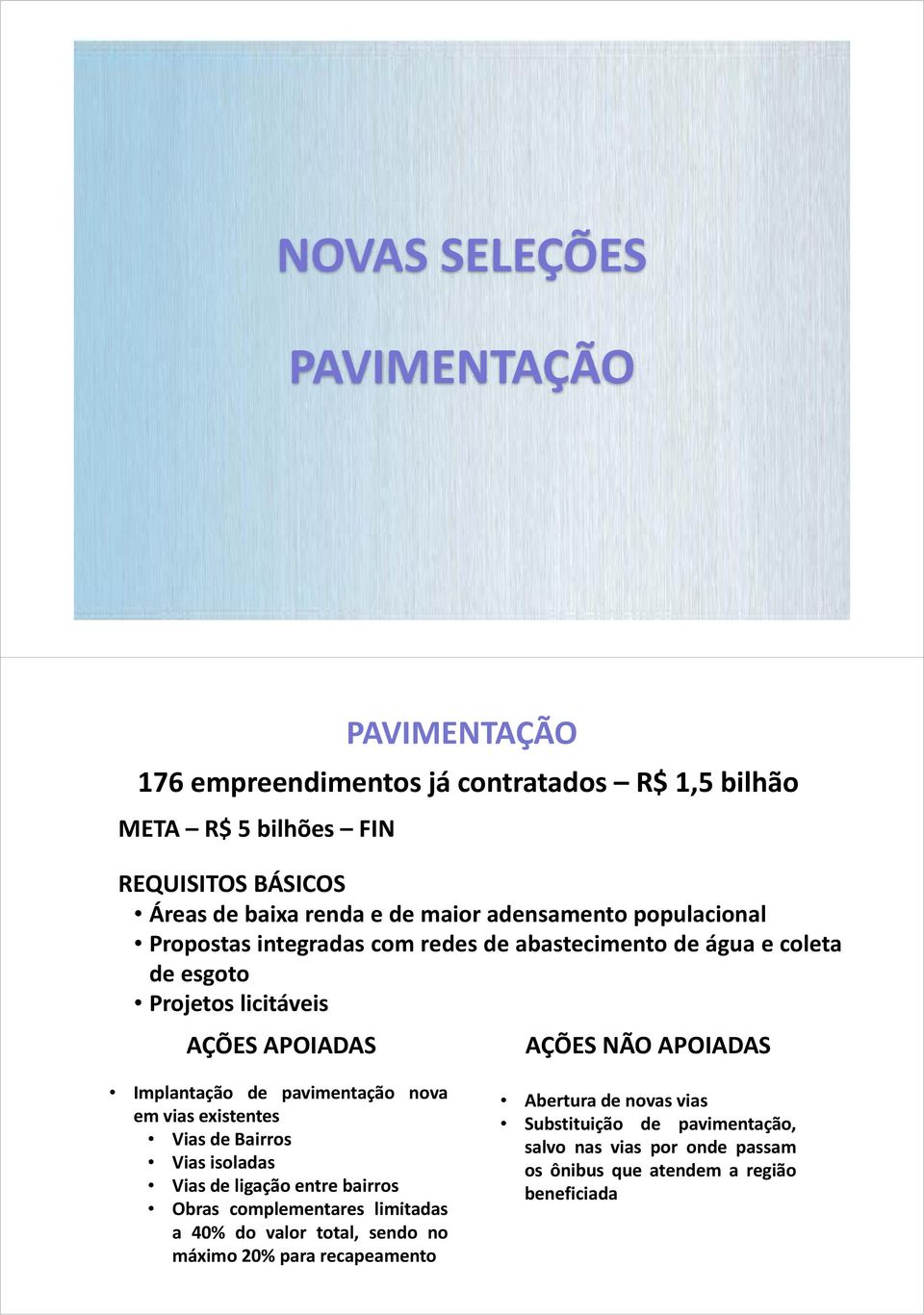 Implantação de pavimentação nova em vias existentes Vias de Bairros Vias isoladas Vias de ligação entre bairros Obras complementares limitadasit a 40% do valor